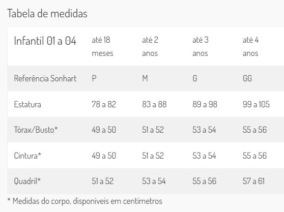 Tabela de Medidas