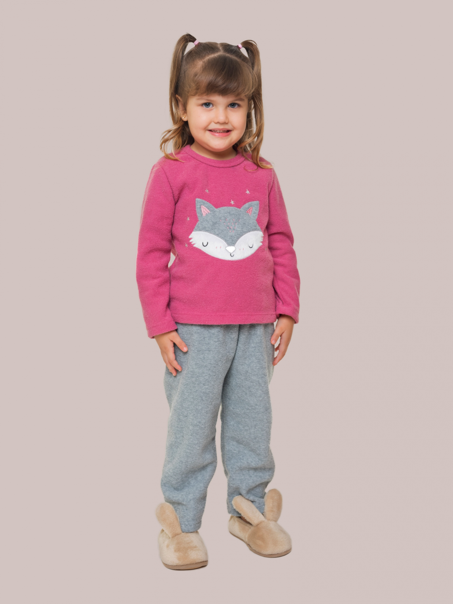 PIJAMA FEMININO INFANTIL DE MANGA LONGA EM PLUSH JUVENIL GUAXINIM ROSA COM  MESCLA