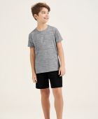 PIJAMA MASCULINO INFANTIL COR COM AMOR MANGA CURTA LIGANETE MESCLA PRETO E CINZA PAI E FILHO