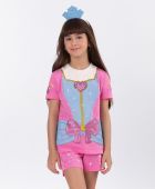 PIJAMA FEMININO INFANTIL MANGA CURTA ALGODÃO PRINCESA ROSA COM TIARA