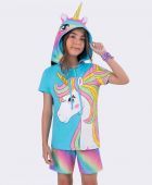 PIJAMA FEMININO INFANTIL VEGGI MANGA CURTA ALGODÃO UNICORNIO AZUL