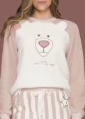 PIJAMA FEMININO INVERNO LUA LUÁ LISTRADO URSO PUNHO FLEECE ROSE