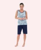 BERMUDOLL FEMININO BOCEJINHO REGATA GALHOS PASSAROS AZUL PLUS SIZE