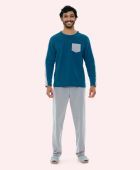 PIJAMA MASCULINA BOCEJINHO MANGA LONGA E CALÇA SOFT AZUL E MESCLA PLUS SIZE