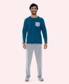 PIJAMA MASCULINO BOCEJINHO MANGA LONGA CALÇA SOFT AZUL E MESCLA