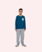 PIJAMA MASCULINO JUVENIL MANGA LONGA E CALÇA SOFT AZUL E MESCLA