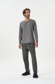 PIJAMA MASCULINO COR COM AMOR BLUSA LISA E CALÇA XADREZ MESCLA
