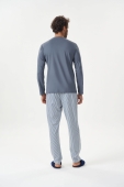 PIJAMA MASCULINO COR COM AMOR MANGA LONGA LISA E CALÇA LISTRADA AZUL PLUS SIZE