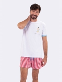 PIJAMA MASCULINO VEGGI MANGA CURTA CAMISA BRANCA SHORT LISTRADO VERMELHO