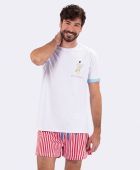 PIJAMA MASCULINO VEGGI MANGA CURTA CAMISA BRANCA SHORT LISTRADO VERMELHO