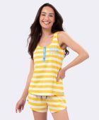 SHORTDOLL FEMININO VEGGI REGATA 3 BOTOES LISTRAS AMARELO