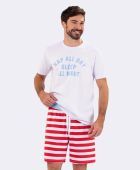 PIJAMA MASCULINO VEGGI MANGA CURTA BRANCO LISTRAS VERMELHO