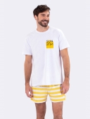 PIJAMA MASCULINO VEGGI MANGA CURTA BRANCO COM LISTRAS AMARELO