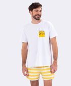 PIJAMA MASCULINO VEGGI MANGA CURTA BRANCO COM LISTRAS AMARELO