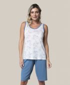 BERMUDOL FEMININO BOCEJINHO REGATA FLORAL PEROLA AZUL PLUS SIZE