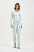 PIJAMA FEMININO LONGO XADREZ AZUL CORUJA