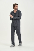 PIJAMA MASCULINO LONGO COM BOTÕES LISTRAS PRETO - COR COM AMOR