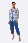 PIJAMA FEMINO MANGA CURTA ABERTO COM BOTÕES E CAPRI AZUL PLUS SIZE - BOCEJINHO