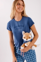 PIJAMA FEMININO MANGA CURTA E CALÇA XADREZ AZUL - COR COM AMOR