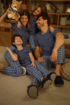 PIJAMA FEMININO INFANTIL MANGA CURTA E CALÇA XADREZ AZUL - COR COM AMOR