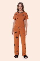 PIJAMA FEMININO MANGA CURTA COM CALÇA MARROM ESTRELAS - BOCEJINHO