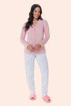 PIJAMA FEMININO LONGO COM BOTÕES CORAÇÃO - BOCEJINHO