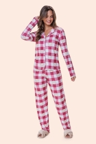 PIJAMA FEMININO LONGO COM BOTÕES XADREZ VINHO URSO - BOCEJINHO