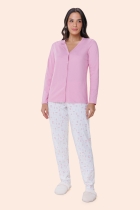 PIJAMA FEMININO LONGO COM BOTÕES ROSA ALGODÃO - BOCEJINHO