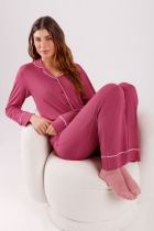 PIJAMA FEMININO LONGO COM BOTÕES VISCOSE ROSA - COR COM AMOR