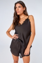 PIJAMA FEMININO CURTO DE ALÇA COM RENDA CETIM PRETO - ACUO