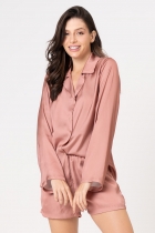 PIJAMA FEMININO SHORT E CAMISA MANGA LONGA COM BOTÕES CARAMELO CETIM - ACUO