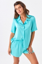 PIJAMA FEMININO CURTO COM BOTÕES CETIM VERDE TURMALINA - ACUO