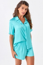 PIJAMA FEMININO CURTO COM BOTÕES CETIM VERDE TURMALINA - ACUO