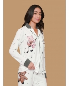 PIJAMA FEMININO LONGO COM BOTÕES BRANCO URSO - LUA LUÁ