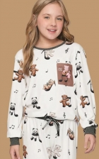 PIJAMA FEMININO JUVENIL LONGO BRANCO ESTAMPA URSO FAMÍLIA - LUA LUÁ