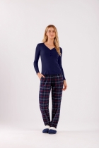 PIJAMA FEMININO LONGO AZUL COM CALÇA XADREZ- COR COM AMOR