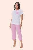 PIJAMA FEMININO MANGA CURTA E CALÇA CAPRI ROSA HARMONIA ALGODÃO PLUS SIZE - BOCEJINHO