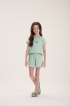 PIJAMA FEMININO INFANTIL CURTO VERDE CLARO COM LISTRAS FAMÍLIA - COR COM AMOR
