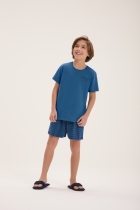 PIJAMA MASCULINO INFANTIL CURTO COM BERMUDA XADREZ AZUL MARINHO - COR COM AMOR