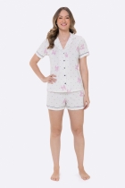 PIJAMA FEMININO CURTO COM BOTÕES E SHORT BRANCO OFF COM LAÇOS - BOCEJINHO