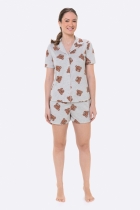 PIJAMA FEMININO CURTO COM BOTÕES MESCLA CINZA URSOS - BOCEJINHO