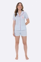 PIJAMA FEMININO CURTO COM BOTÕES LISTRADO AZUL PLUS SIZE - BOCEJINHO