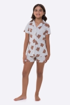 PIJAMA FEMININO INFANTIL CURTO COM BOTÕES MESCLA URSO - BOCEJINHO