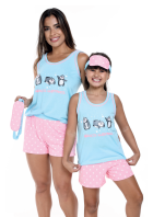 PIJAMA FEMININO CURTO COM REGATA E TAPA OLHO AZUL PINGUIM - CONTEPORANEA