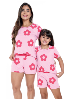 PIJAMA FEMININO CURTO COM MANGA ROSA FLORES PLUS SIZE - CONTEMPORÂNEA