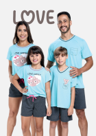 PIJAMA FEMININO JUVENIL COM MANGA AZUL URSOS FAMÍLIA - CONTEMPORÂNEA