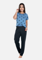 PIJAMA FEMININO MANGA CURTA E CALÇA AZUL JEANS CORAÇÃO - CONTEMPORÂNEA