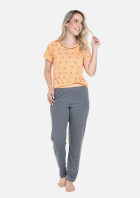 PIJAMA FEMININO MANGA CURTA E CALÇA LARANJA ESTRELAS - CONTEMPORÂNEA