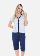 PIJAMA FEMININO COM BOTÕES E BERMUDA MESCLA AZUL - CONTEMPORÂNEA