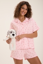 PIJAMA FEMININO CURTO COM BOTÕES ROSA CORAÇÃO - COR COM AMOR